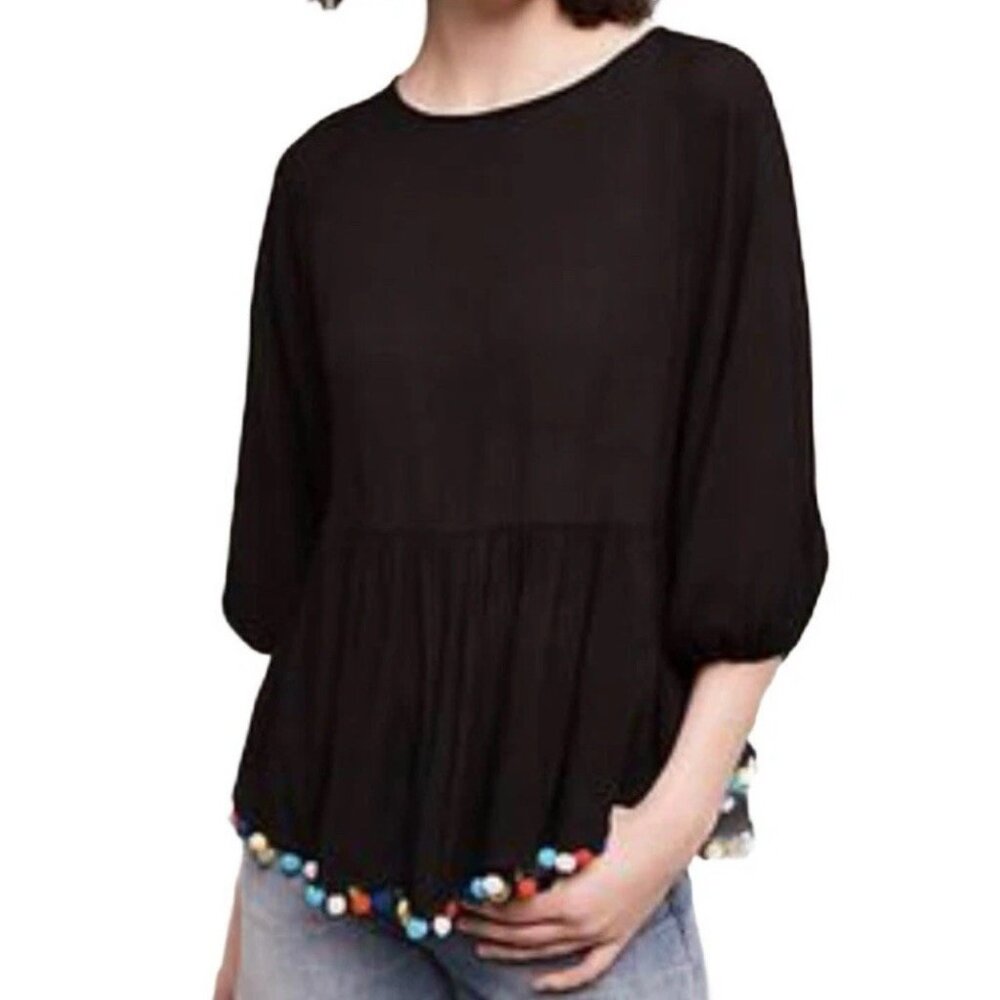 Eri + Ali By Anthropologie Peasant Top Size M Oversized Lightweight Pom Pom Hem